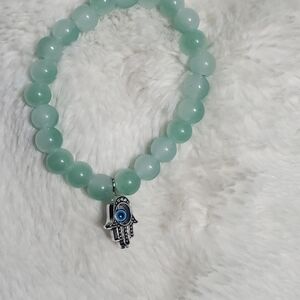 Elegant Silver and Green Beaded Bracelet with Hamsa Charm